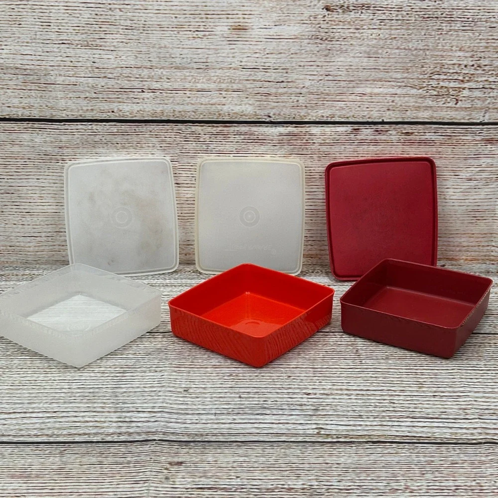 Vintage Tupperware Square Snack Containers Set of 3‎ Orange Maroon Clear 670 671